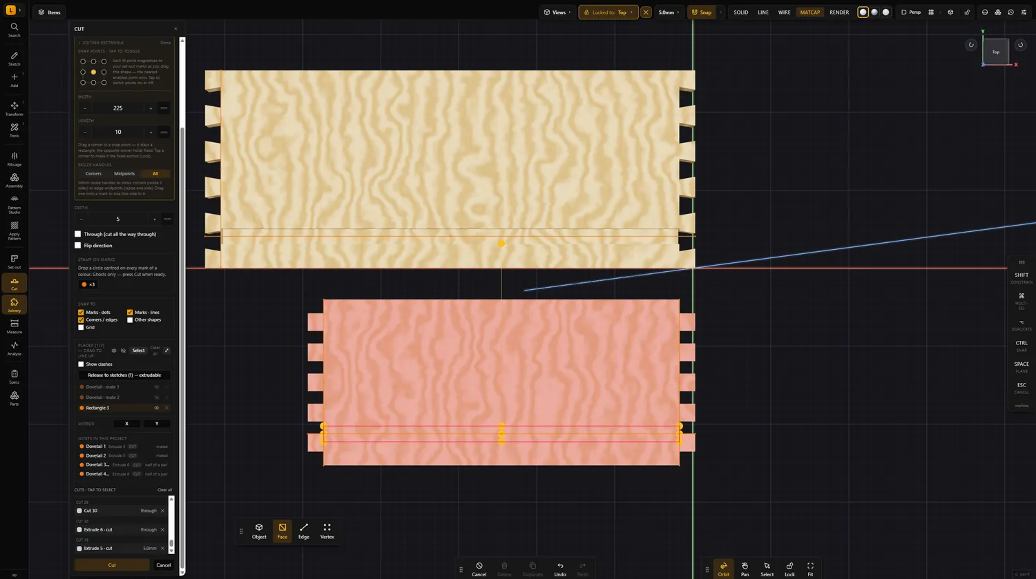 A cut being set out on two boards, the mating board highlighted