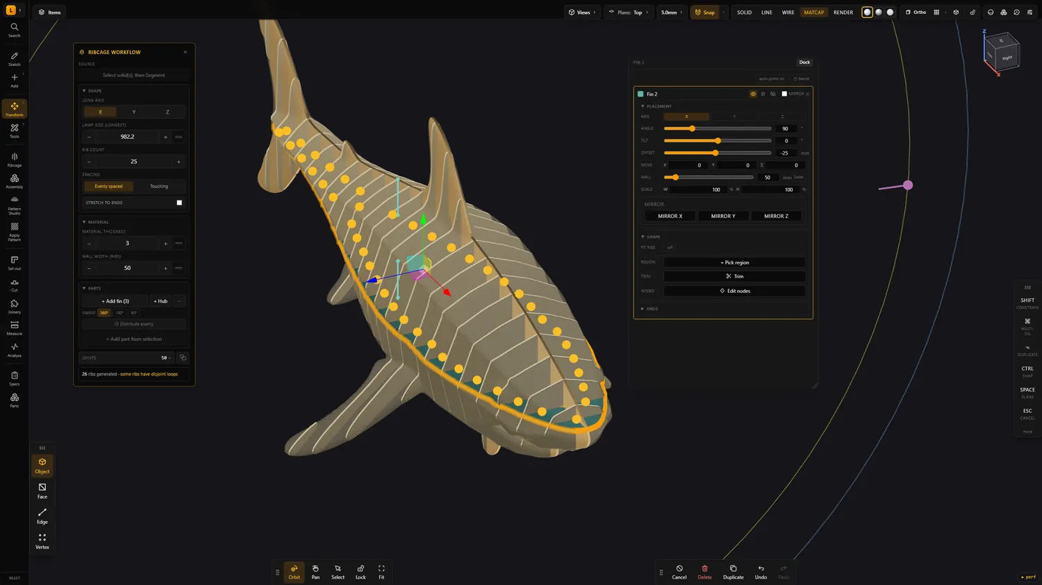 Rib and fin placement across an organic form