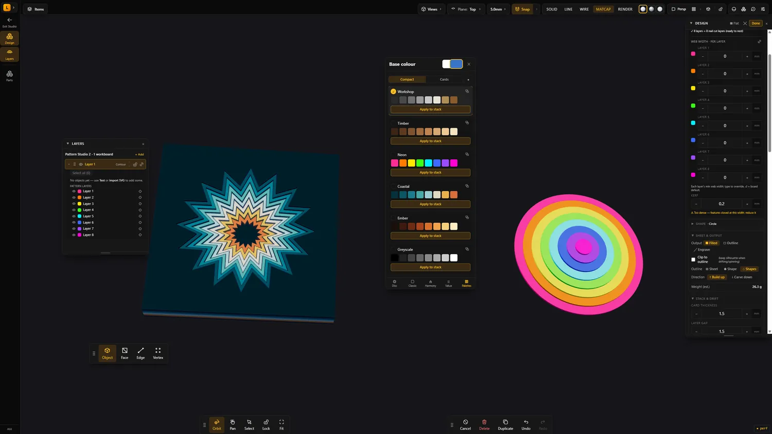 A layered pattern stack in Pattern Studio, with per-layer web width and kerf controls