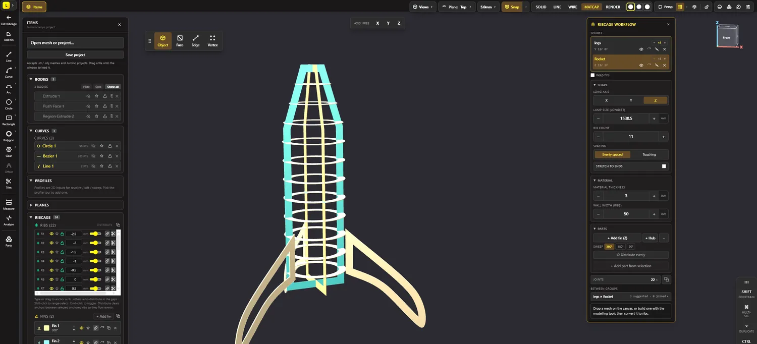 The rib-cage workspace with bands, curves and profiles